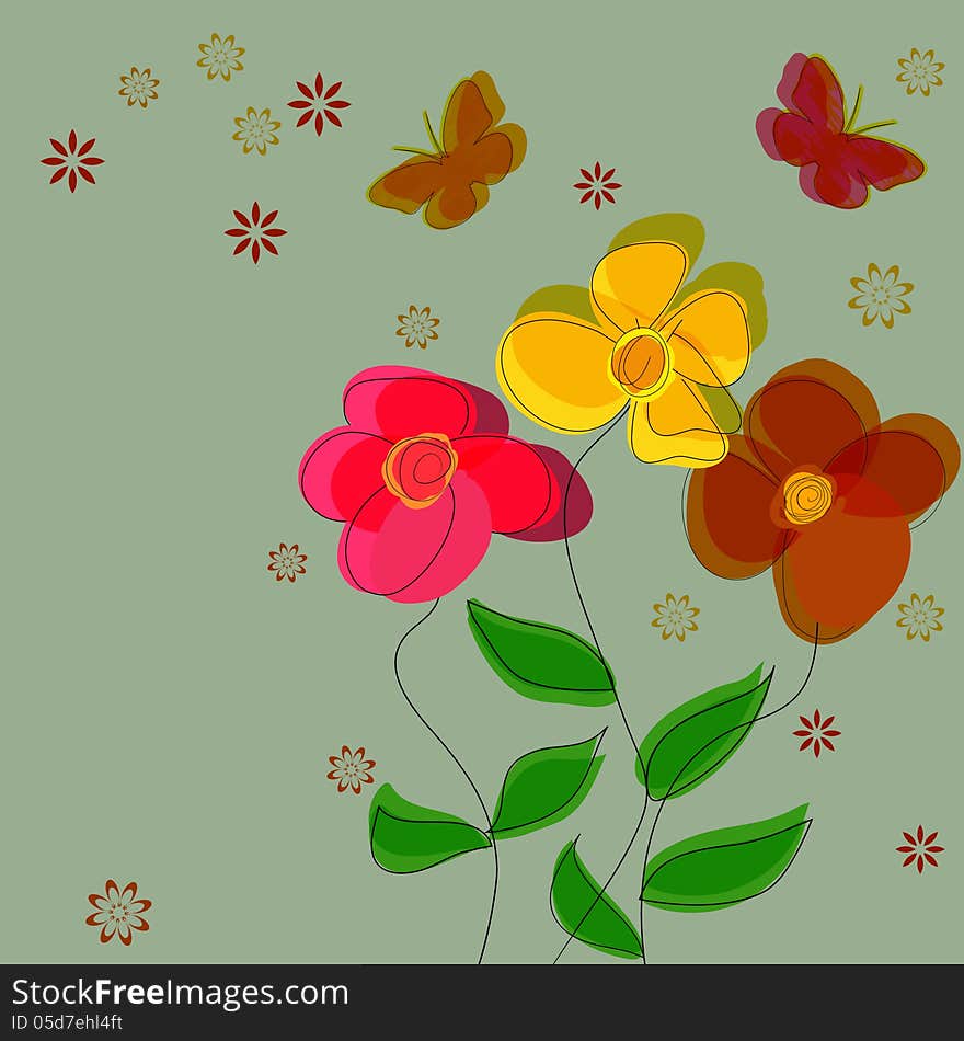 Simple vector flower vector background with butterflies.