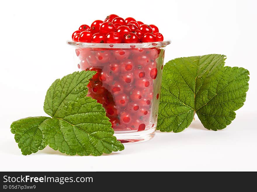 Red currants in a glass with green leaves. Red currants in a glass with green leaves