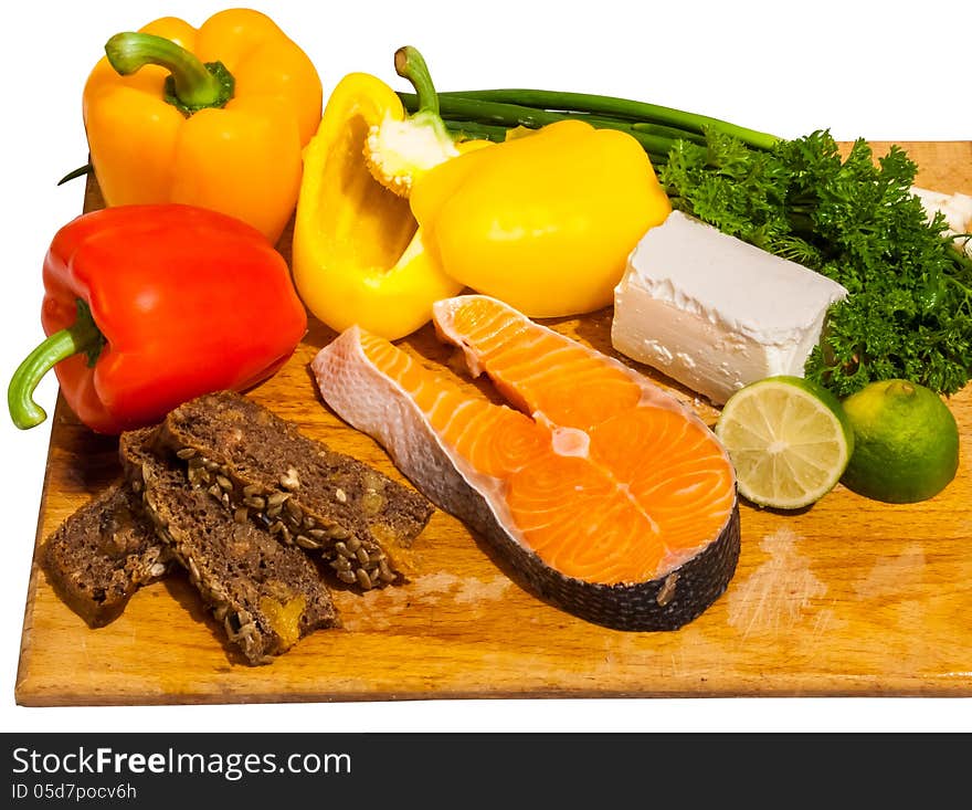 Food ingredients for fish salad with salmon and bell pepper. Food ingredients for fish salad with salmon and bell pepper