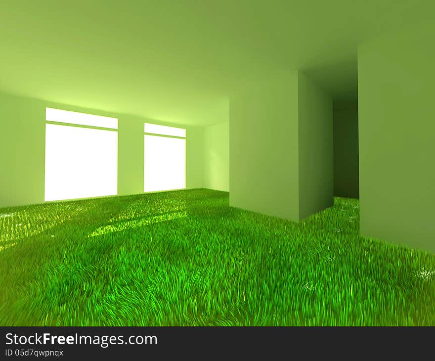 Abstract interior with green grass on the floor. Abstract interior with green grass on the floor