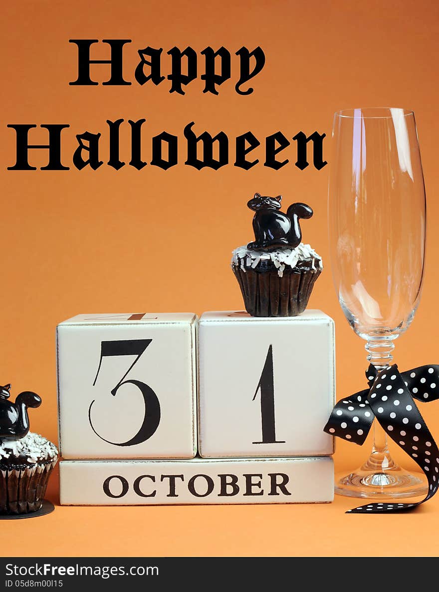 Happy Halloween Save The Date White Block Calendar With Champagne Glass And Chocolate Muffins - Vertical With Text