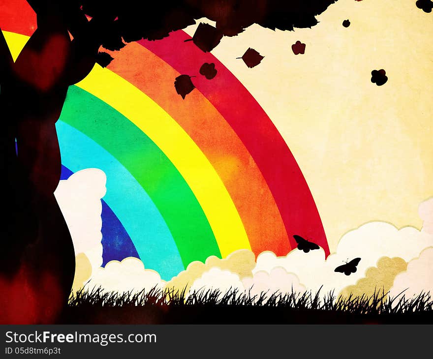 Silhouette of a tree over grunge background with rainbow and clouds. Silhouette of a tree over grunge background with rainbow and clouds.