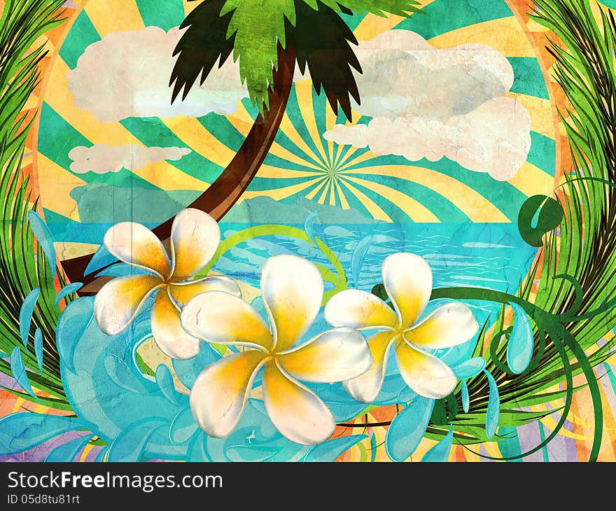 Sunny tropical island with palm tree and splashing water, grunge background. Sunny tropical island with palm tree and splashing water, grunge background.