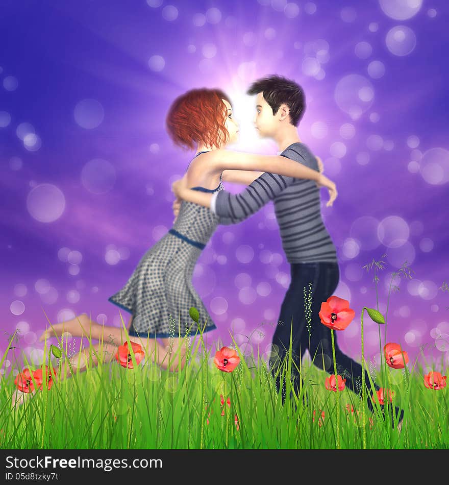 3d girl and boy embracing on poppy field background. 3d girl and boy embracing on poppy field background.