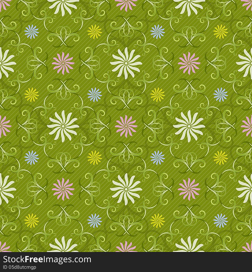 Seamless spring green pattern with vintage curls and pastel flowers and diagonal strips (vector EPS 10). Seamless spring green pattern with vintage curls and pastel flowers and diagonal strips (vector EPS 10)