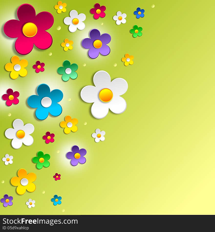 Colorful flowers over green shiny background. Colorful flowers over green shiny background