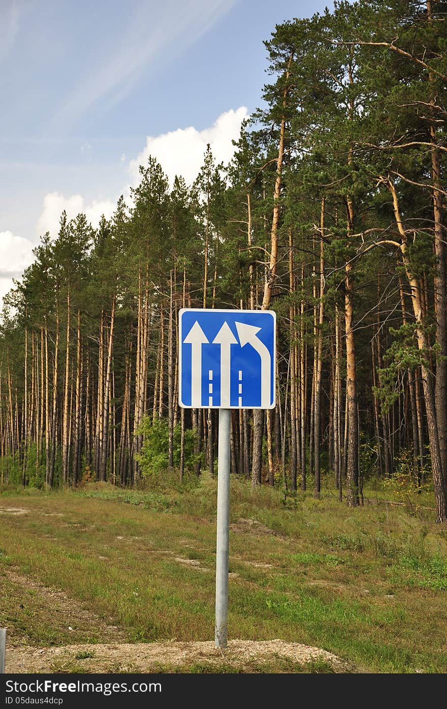 Blue road sign with arrows against the green forest. Blue road sign with arrows against the green forest.