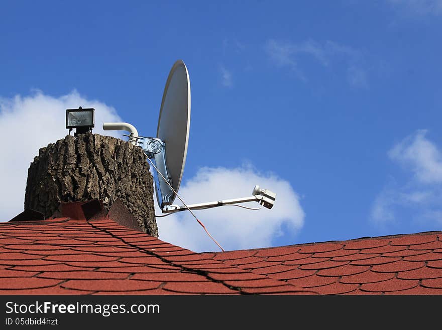 Antenna caught by the tree trunk cut on roof