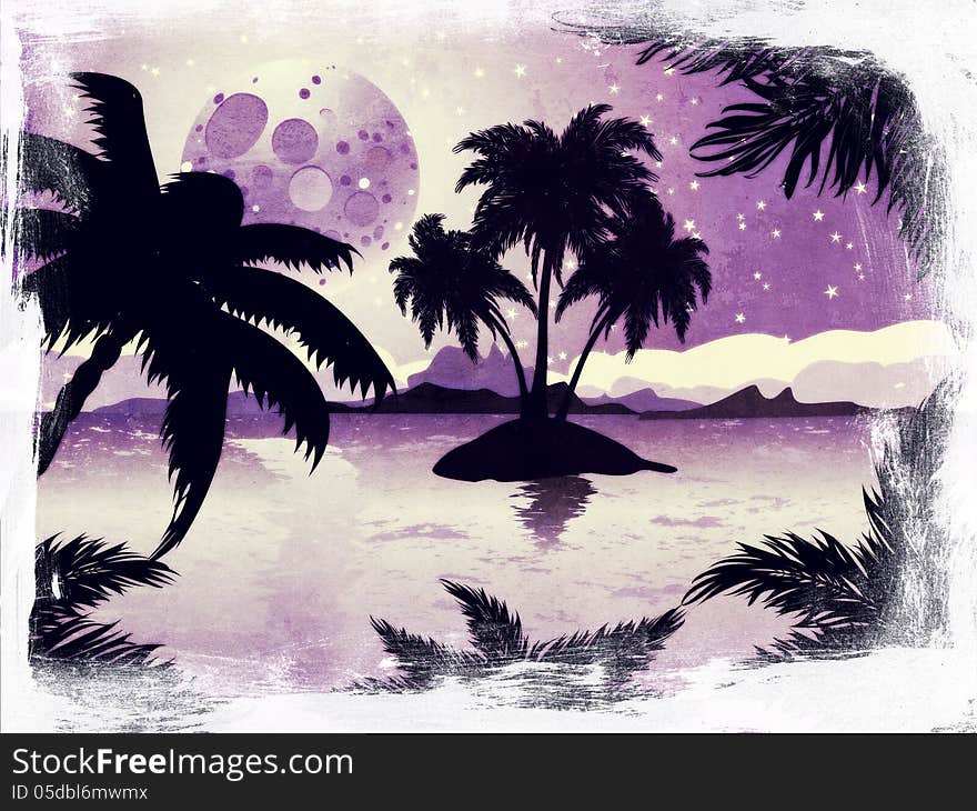 Palm trees silhouette on grunge night tropic beach background with abstract moon. Palm trees silhouette on grunge night tropic beach background with abstract moon.