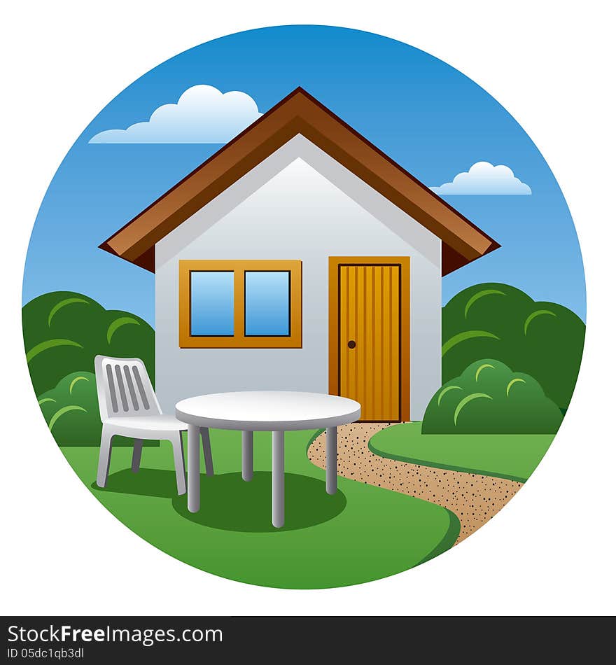 Illustration of country house and table with chair. Illustration of country house and table with chair