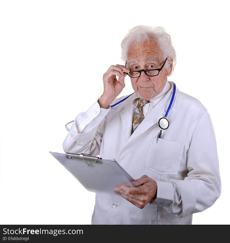 Mature doctor holding a chart wearing glasses with a serious look on face isolate on white. Mature doctor holding a chart wearing glasses with a serious look on face isolate on white