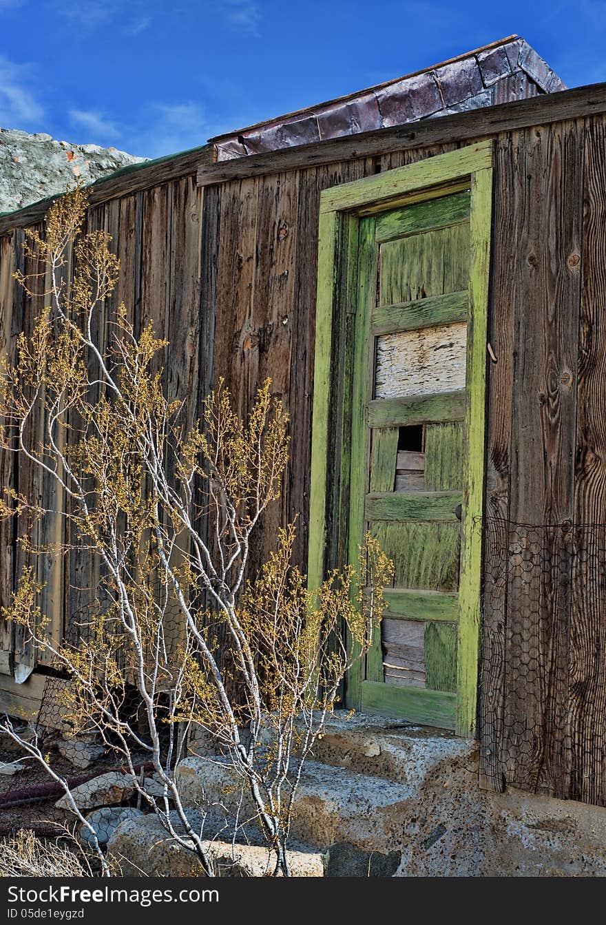 Green door of abandoned cabin