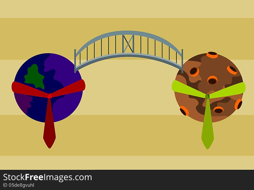 An illustration of two planets wearing ties and connected with a bridge. An illustration of two planets wearing ties and connected with a bridge