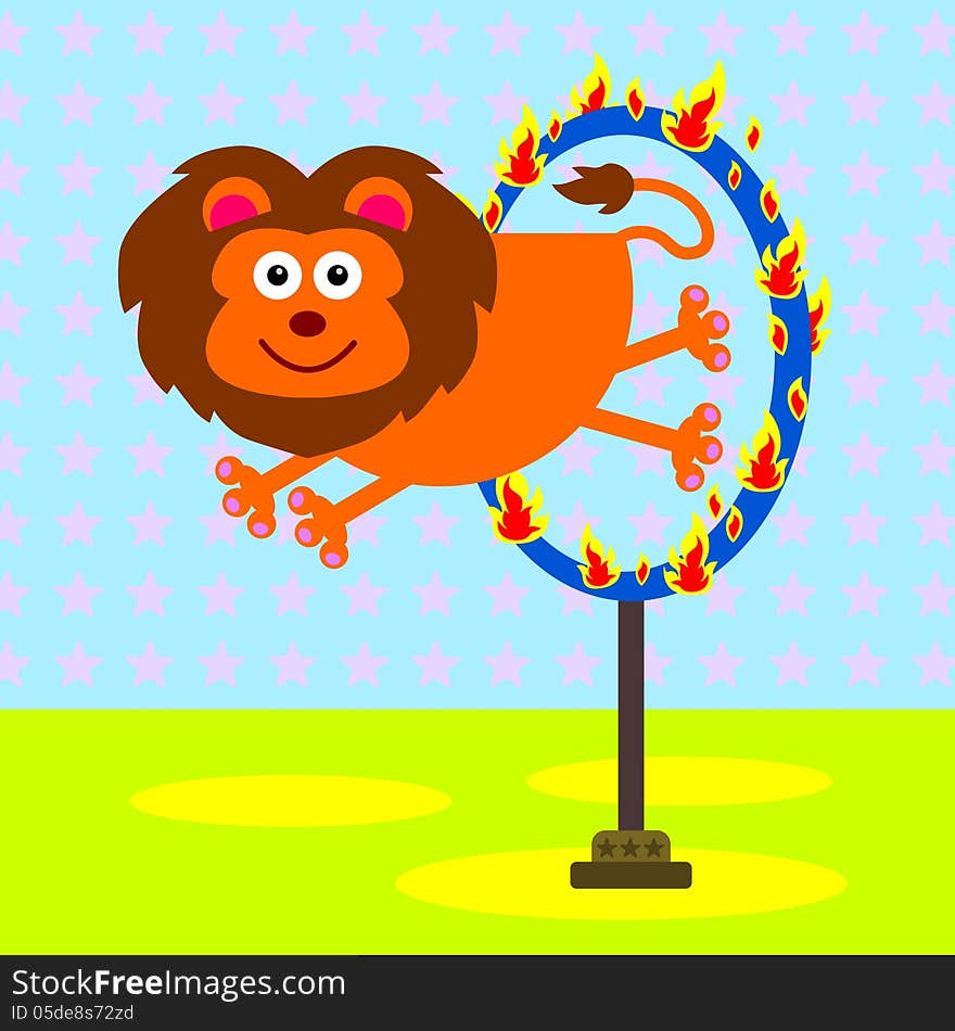 A cartoon illustration of a lion who jumped through a ring of fire. A cartoon illustration of a lion who jumped through a ring of fire
