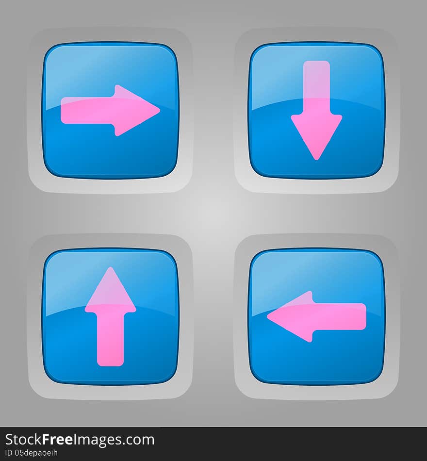 Vector set of glossy blue buttons with pink arrows. Vector set of glossy blue buttons with pink arrows.