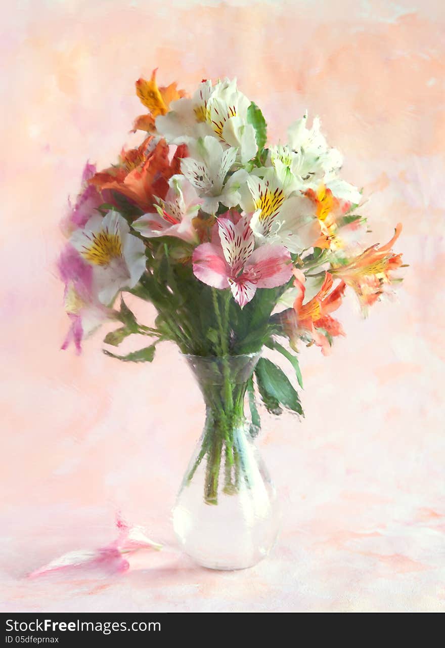 Bouquet of Alstroemeria in a transparent glass vase on abstract background. Photographed through a distorted glass. focus on near flower