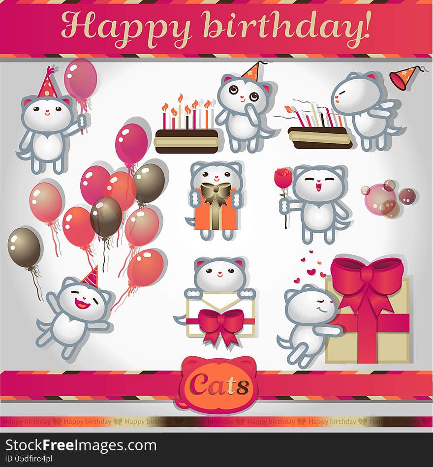 Cats Color Icons: Happy Birthday