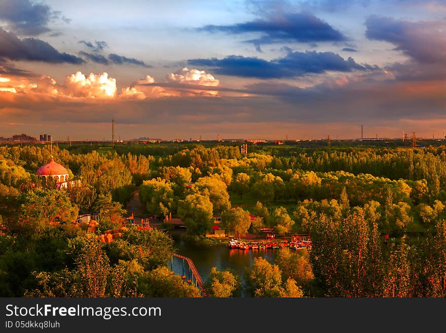 Sunset glow of park