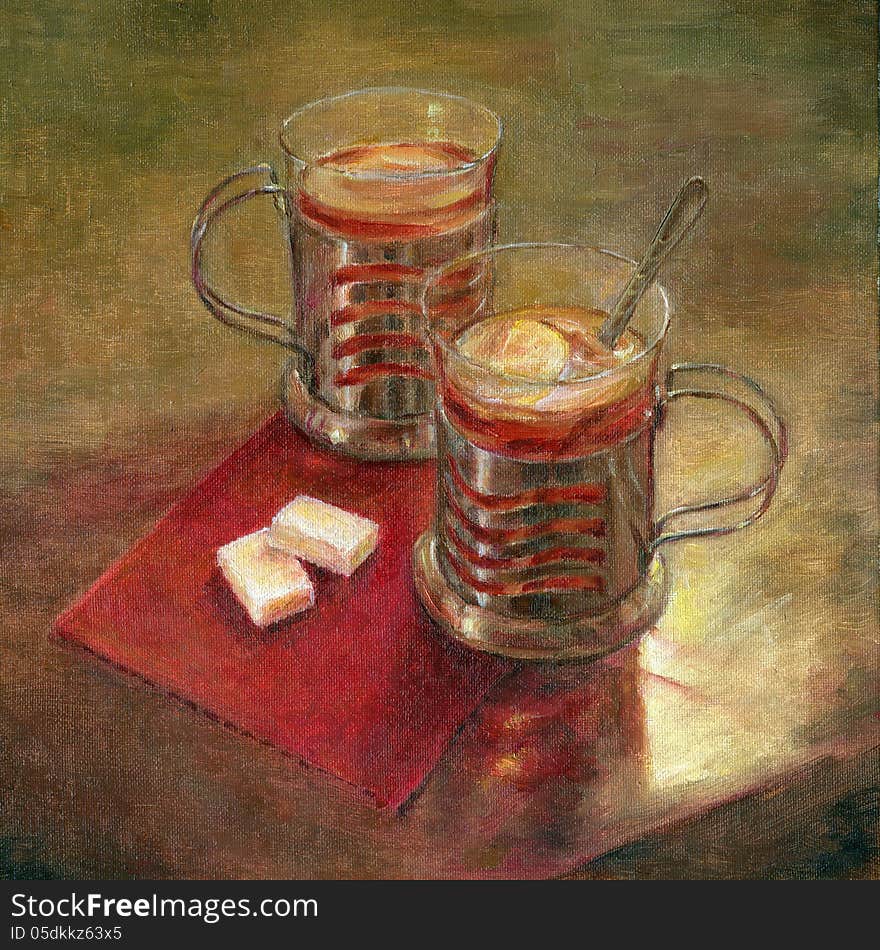 Tea with lemon. Oil painting.