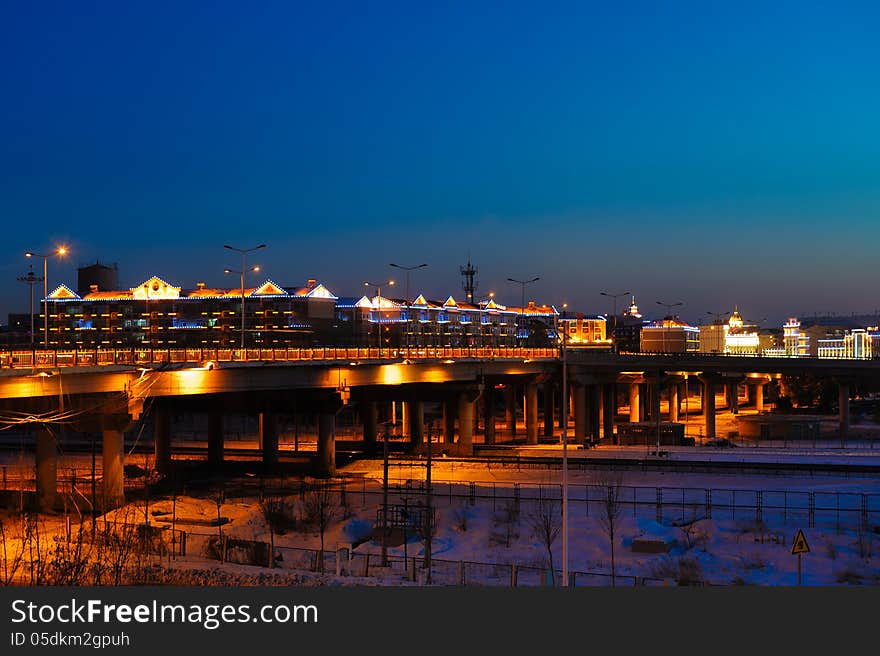 China's heilongjiang Province, Daqing City,Railway viaduct of the night.