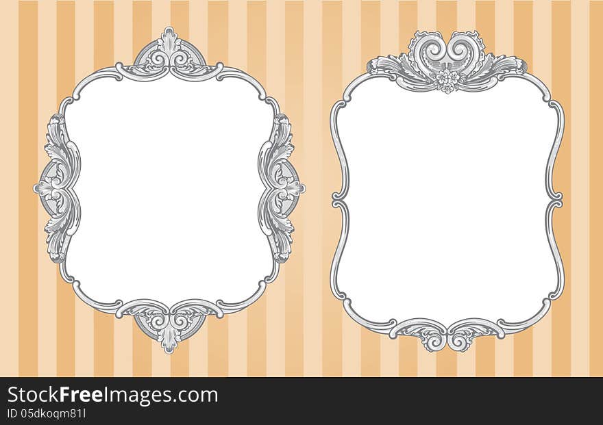 Two vector ornate vintage frames on a striped orange background