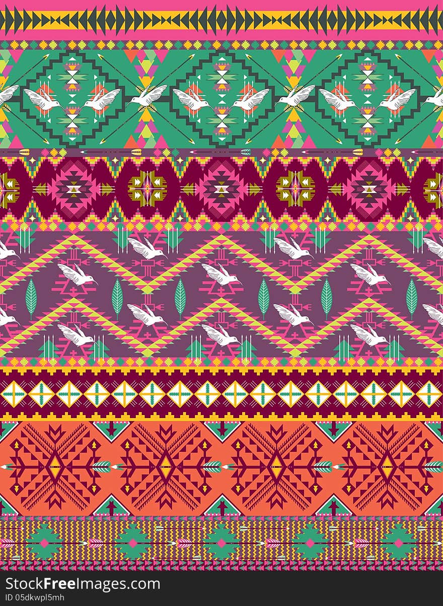 Seamless colorful geometric aztec pattern with birds and arrows. Seamless colorful geometric aztec pattern with birds and arrows