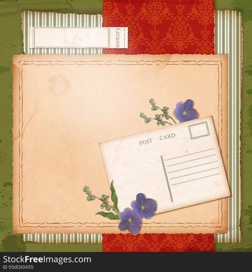 Scrapbook retro design with grunge paper background, dried flowers (violets), grass blades, vintage wallpaper pattern, sketch frame, label, old post card. Scrapbook retro design with grunge paper background, dried flowers (violets), grass blades, vintage wallpaper pattern, sketch frame, label, old post card