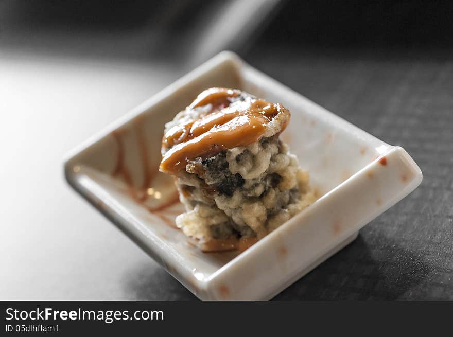 Deep fried japanese sushi with sauce