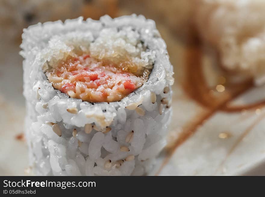 Japanese rice sushi on a platter macro