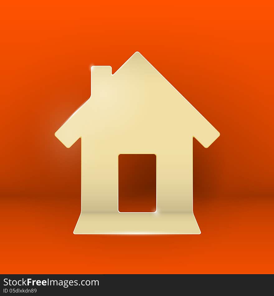 Gold Cardboard Home On Red Background.