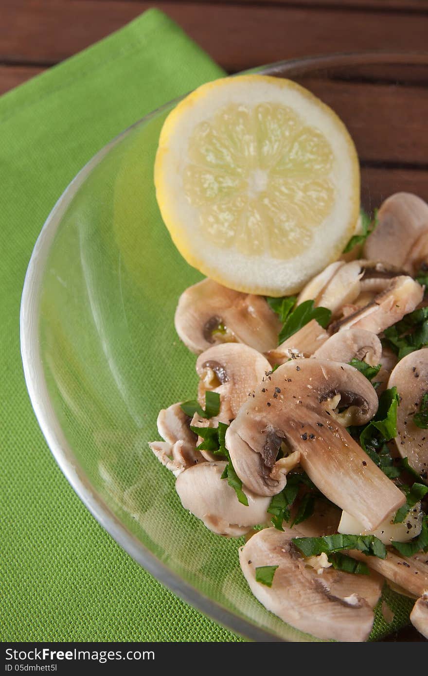 Champignon mushroom in little basket, vegetables for appetizer and side dish