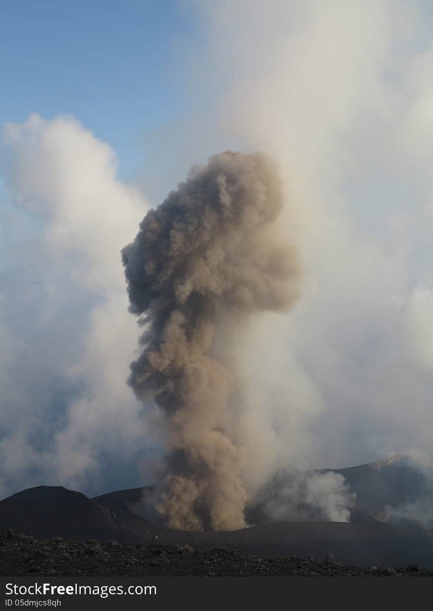 Strombolian eruption at volcano Stromboli in Italy