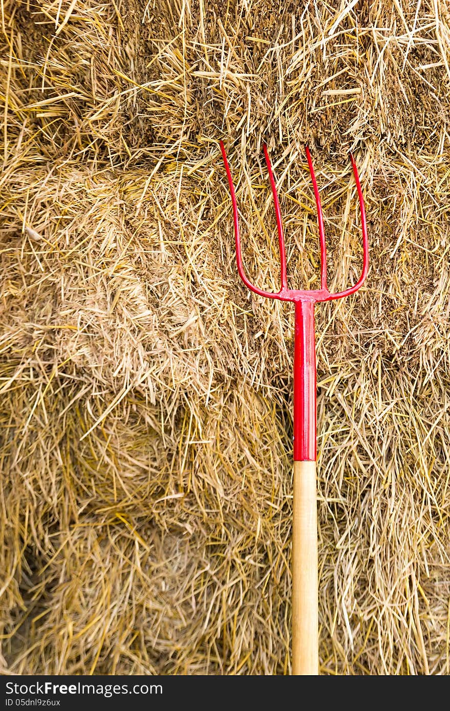 Pitchfork sit in a pile of Straw stacked awaiting the workers.