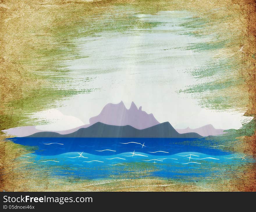 Small tropical islands in the ocean over blue sky on grunge background. Small tropical islands in the ocean over blue sky on grunge background.