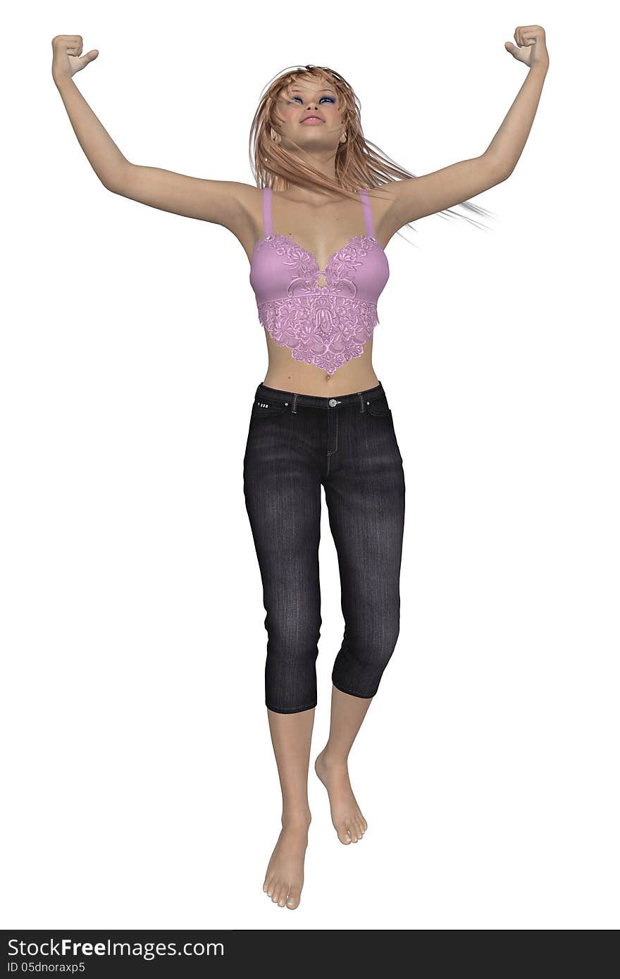 Digitally rendered image of a woman in pink top and jeans over white background. Digitally rendered image of a woman in pink top and jeans over white background.