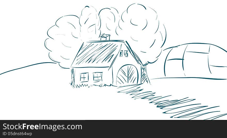 Vector hand drawn landscape with house, trees and fields.