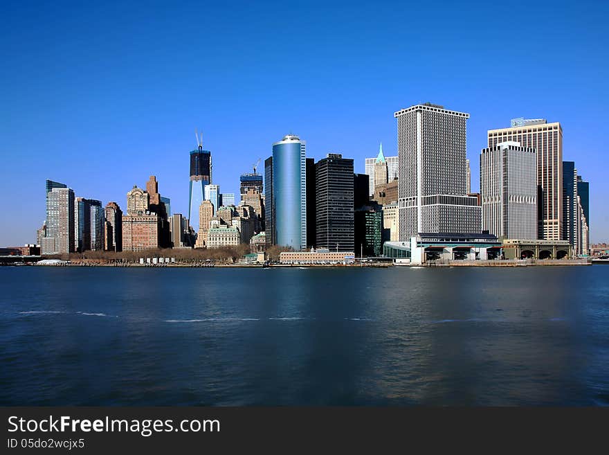 View of the downtown Manhattan, Financial District from the Hudson River. View of the downtown Manhattan, Financial District from the Hudson River