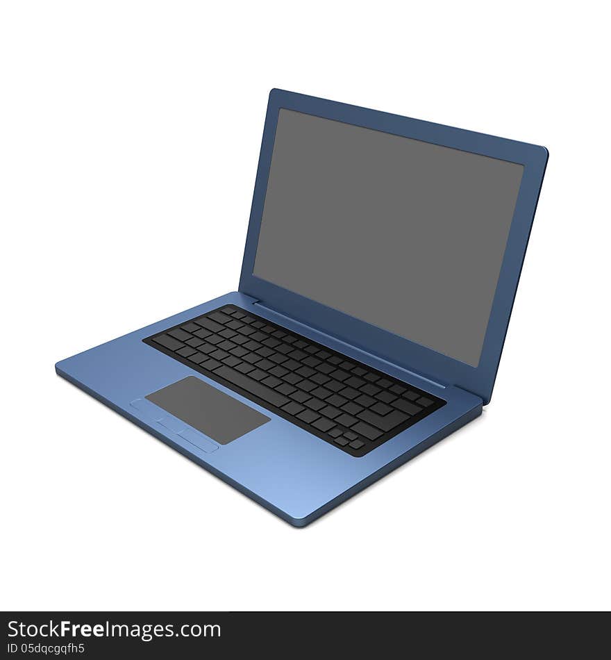 3D model of blue laptop with blank keyboard and simple design on white background. 3D model of blue laptop with blank keyboard and simple design on white background