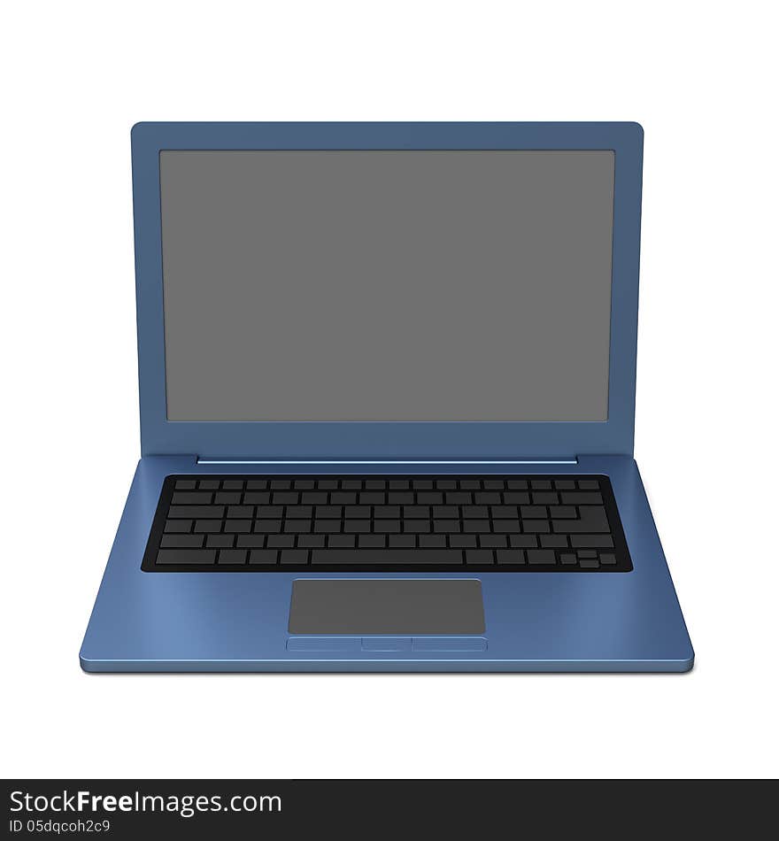 3D model of blue laptop with blank keyboard and simple design on white background. 3D model of blue laptop with blank keyboard and simple design on white background