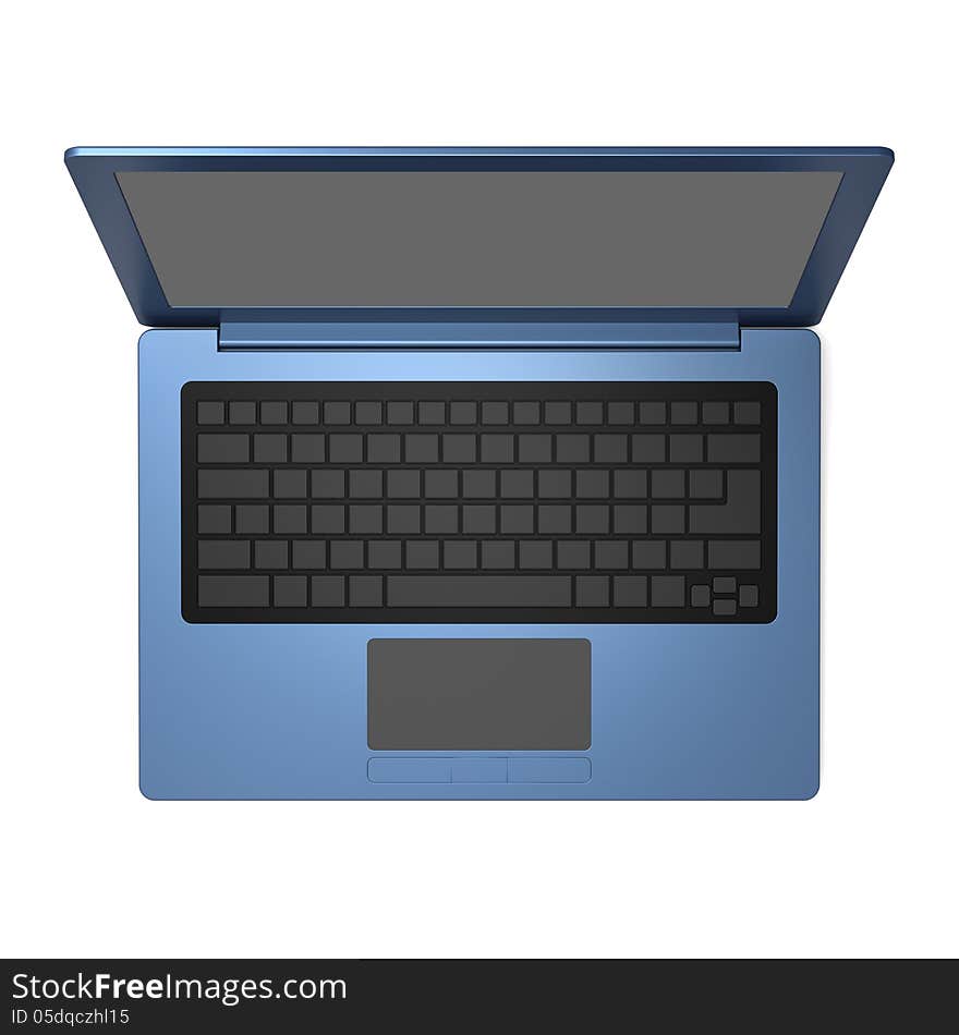 3D model of blue laptop with blank keyboard and simple design on white background from top view. 3D model of blue laptop with blank keyboard and simple design on white background from top view