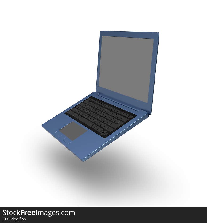 3D model of blue laptop with blank keyboard and simple design on white background. 3D model of blue laptop with blank keyboard and simple design on white background