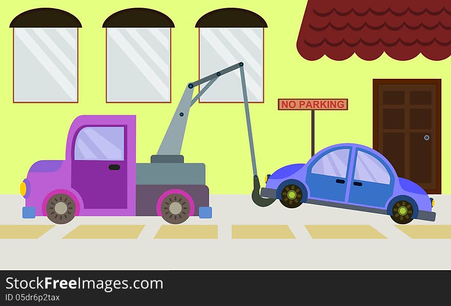 A cartoon illustration of a truck towing a car. A cartoon illustration of a truck towing a car