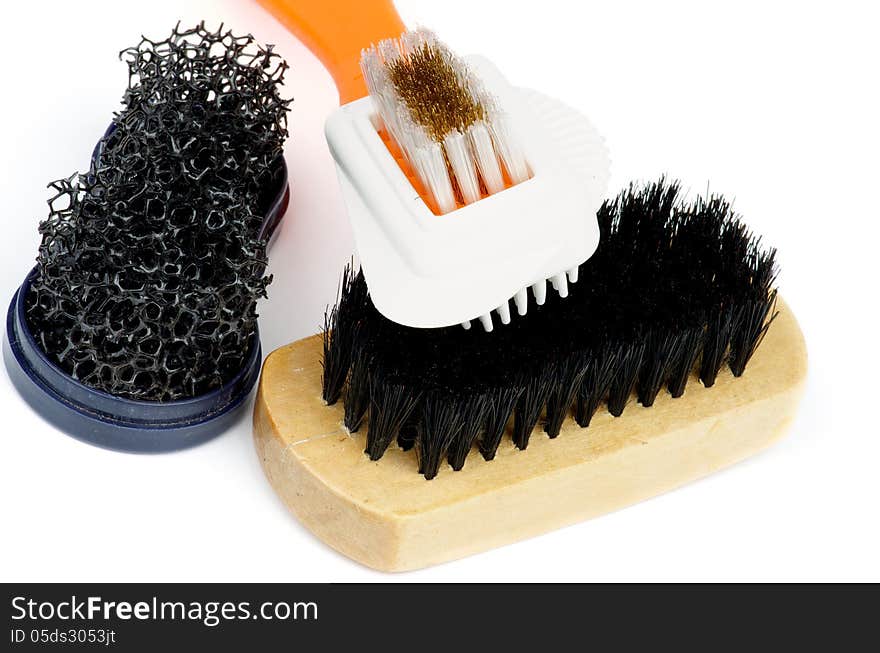 Various Shoes and Clothes Cleaning Brushes isolated on white background