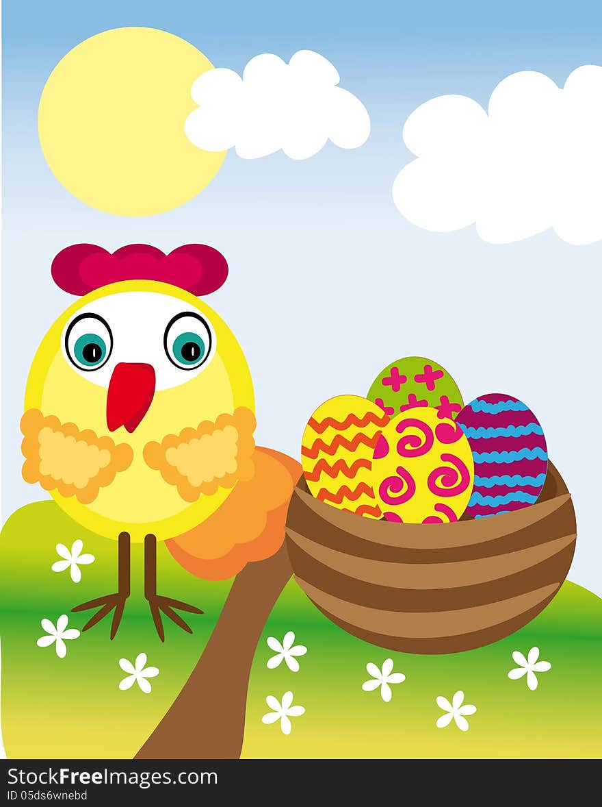 Vector graphic with cute chicken, easter eggs outdoor. Vector graphic with cute chicken, easter eggs outdoor