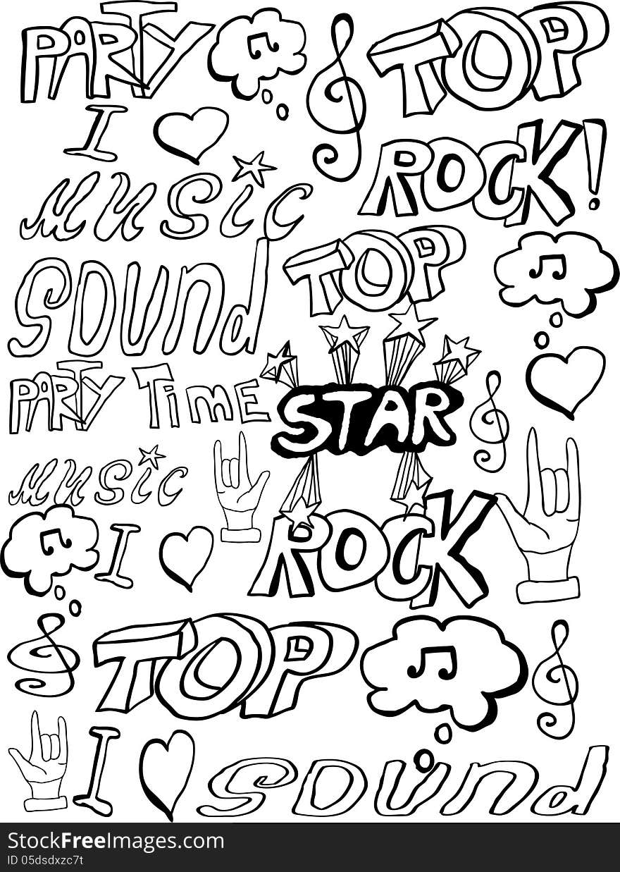 Vector black and white background with signs in rock music style. Vector black and white background with signs in rock music style