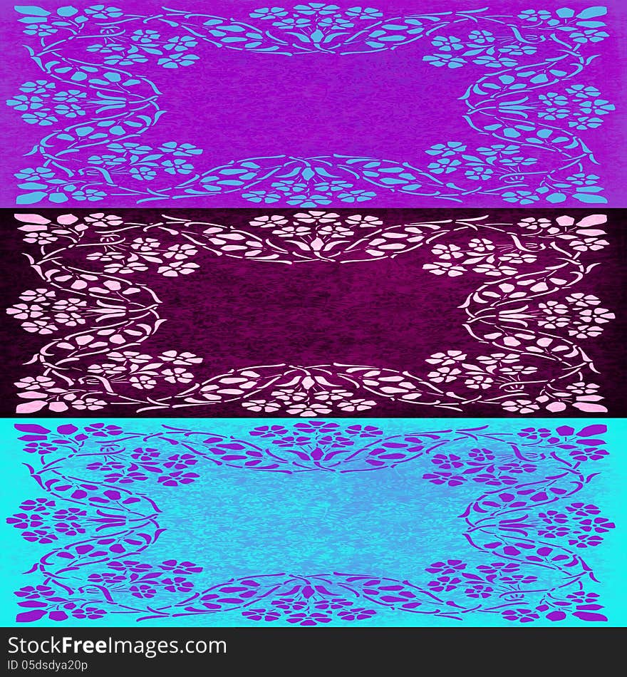 Abstract Floral Motif Collage In Turquoise Violet And Purple Colors