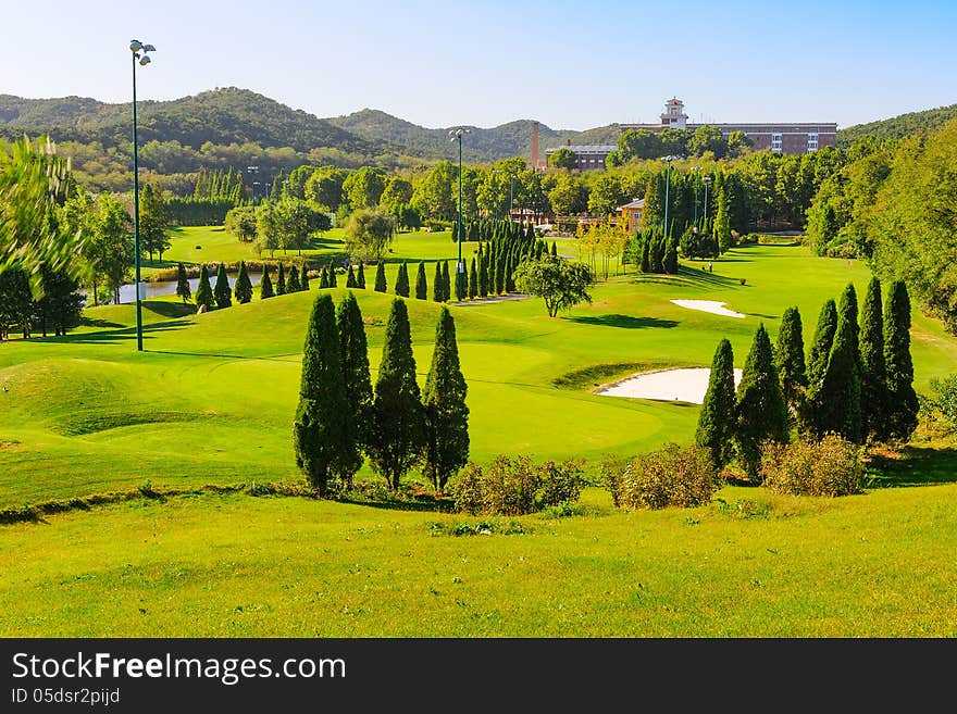 Dalian City, Liaoning Province, China.Overlook the Wooden club island golf course.