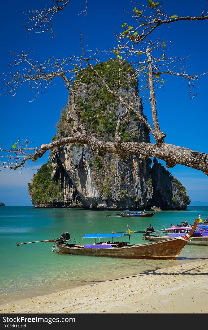 Phra Nang beach and island landscape view with tree and boat, Krabi, Thailand