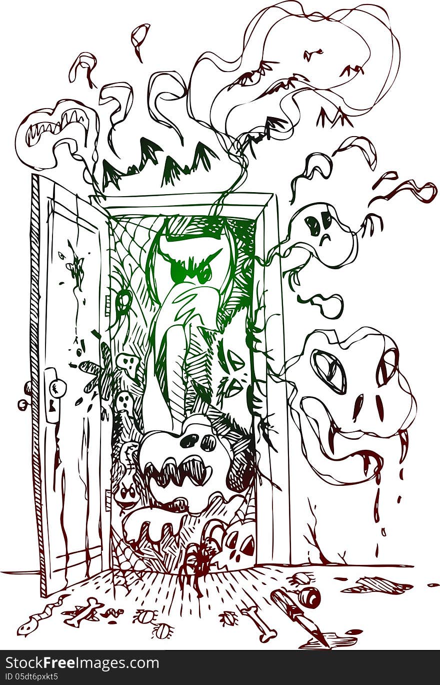 Terrifying open door with ghosts, monsters and bats. Sketched illustration for halloween. Terrifying open door with ghosts, monsters and bats. Sketched illustration for halloween.