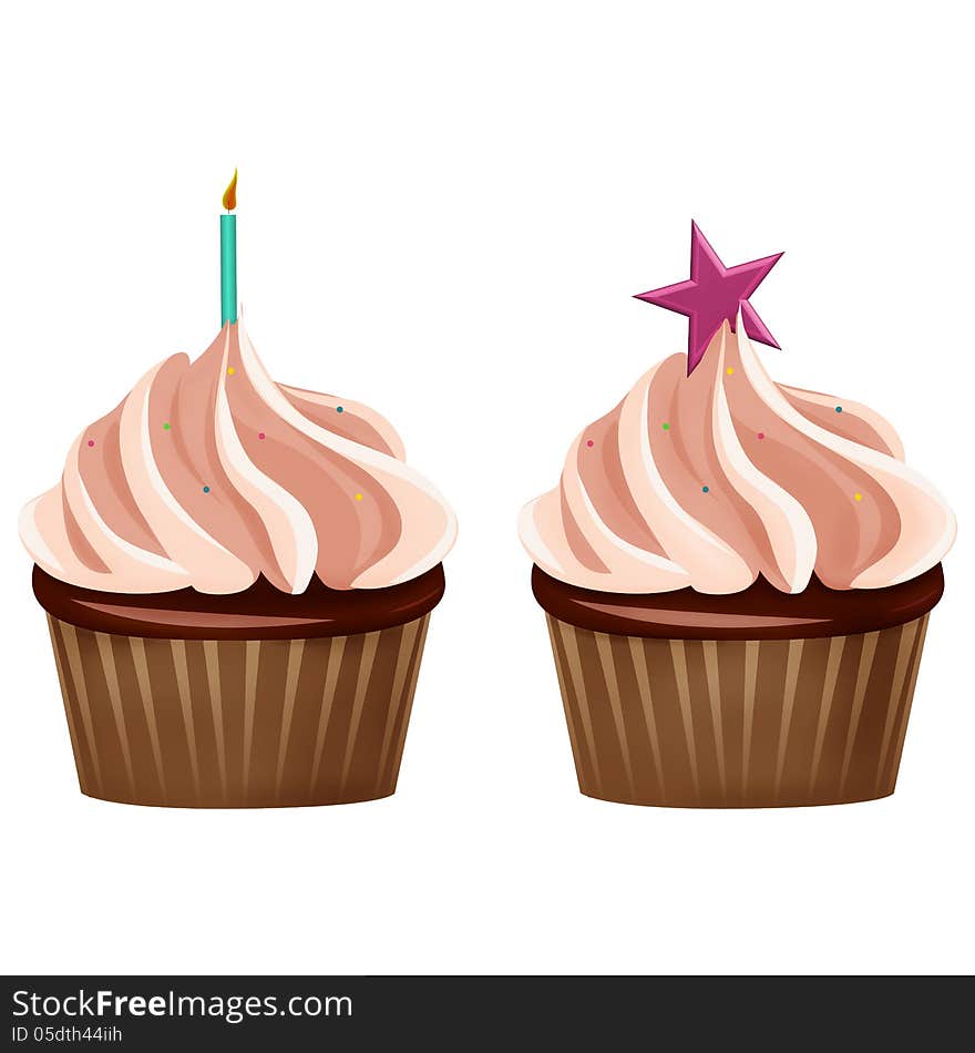 Delicious happy birthday cupcakes with pink star and candle, isolated on white